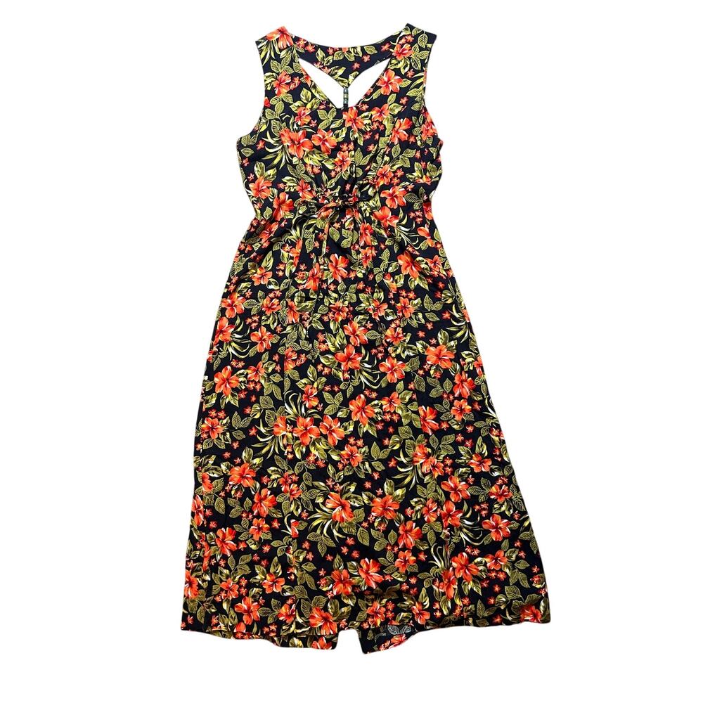 Vintage Erika 90s Orange Green Hibiscus Rayon Button Down Maxi Dress L